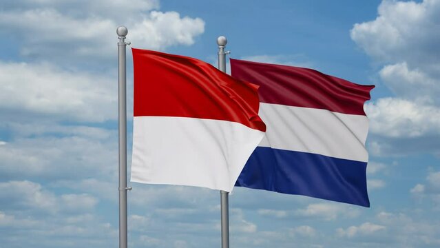 Netherlands and Indonesia two flags waving together, looped video, two country relations concept