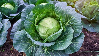Fresh organic annual cabbage growing in an eco-garden, Vegetarian, healthy, natural food,  - obrazy, fototapety, plakaty