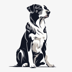 A black and white dog is sitting on a white background. The dog has a calm and relaxed expression on its face