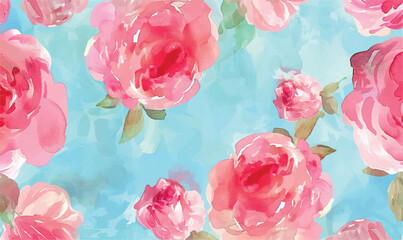 watercolor seamless pattern with roses on blue 
