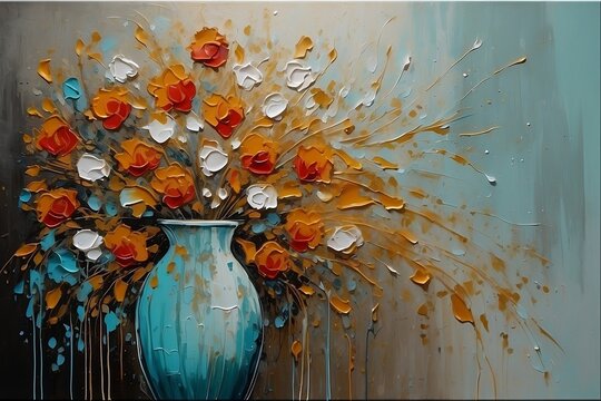 contemporary gold painting of modern conceptual figurative vase of flower.