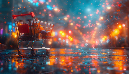 Empty shopping cart on a wet surface with colorful bokeh lights in the background, depicting...