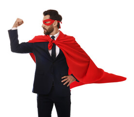 Obraz na płótnie Canvas Confident businessman wearing red superhero cape and mask on white background