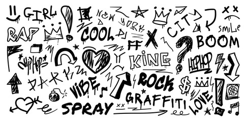 Graffiti spray elements. Art doodle font. Urban brush texture. Hand drawn lines. Graphic heart or star. Wall painting. Marker lettering. Underground print. Vector grunge text icons set