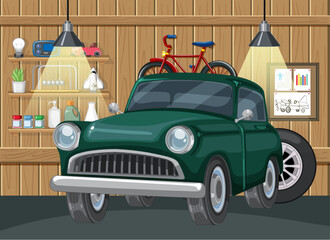 Classic green car with a red bicycle overhead