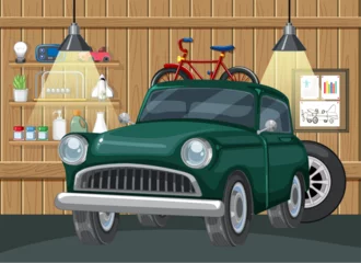 Store enrouleur occultant Enfants Classic green car with a red bicycle overhead