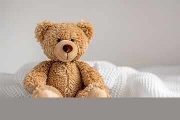 a teddy bear sitting on a blanket