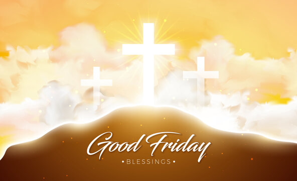 Good Friday Illustration for Christian Religious Occasion with Cross on the Hill and Cloud on Sunny Sky Background. Vector Holy Week Design for Savior Celebrate Theme Poster Template for Banner