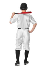 Baseball player with bat on white background, back view