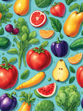 Vegetable seamless pattern with cute hand drawing. Fruits and vegetables flat hand drawn seamless pattern. Healthy nutrition cartoon texture. Organic food scandinavian illustrations