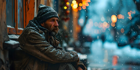 Old Homeless Man Sitting on the Street in Winter. Homeless Beggar on Snowy Street - obrazy, fototapety, plakaty