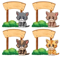Tuinposter Four cute kittens sitting beside empty signposts. © GraphicsRF