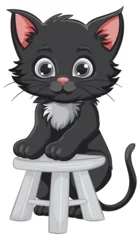 Foto op Plexiglas Cute black kitten sitting on a white stool. © GraphicsRF