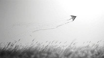 A minimalist black and white image capturing the essence of serenity with a lone kite flying above a whispering field.