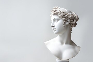 Ancient Greek Sculpture of Woman with wreath on her Head on gray background with Copy space....