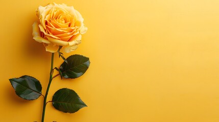 a beautiful yellow rose blossom with steam isolated on a bright yellow background. Floral concept. copy space, mockup. 