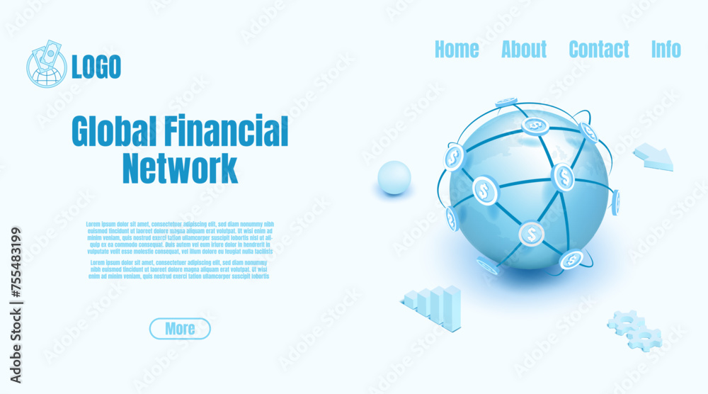 Poster global world. financial network. payment map or trade foreign export. website landing page. digital 