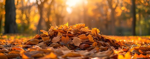 Piles of fallen leaves raked in an autumn park. Concept Autumn Leaves, Fall Foliage, Park Photography, Nature Scene - obrazy, fototapety, plakaty