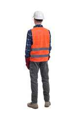 Young man wearing safety equipment on white background, back view
