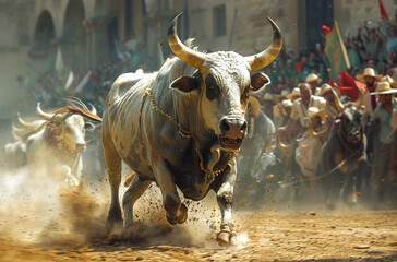 Charging bull in a traditional bull run event with spectators in the background. - obrazy, fototapety, plakaty