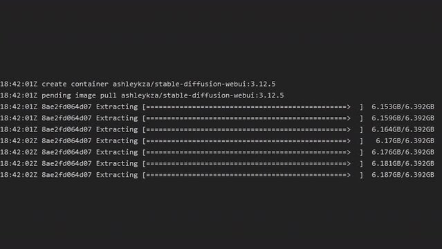 Screen capture: the creation of a pod for generating artificial images on the cloud. Rows of progress indicators and download bars log the intricate process. Witness innovation in action!