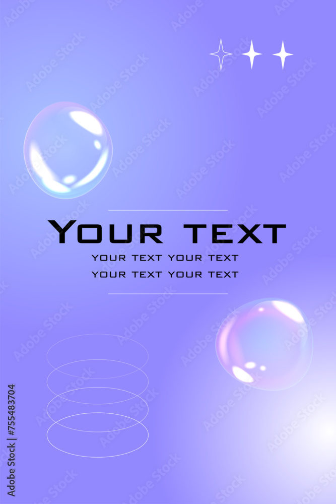Aufkleber Bubble poster. Abstract contemporary background with copy space for text. Flying soap balls and white geometric figures on purple background. Wall art, banner or cover. Vector illustration