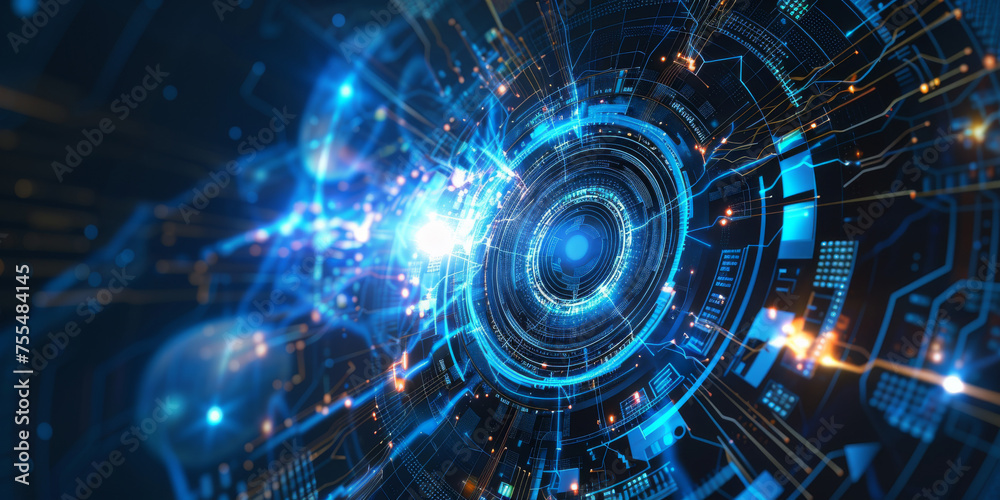 Poster abstract technology background with a futuristic digital tunnel and glowing light effects