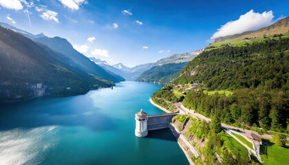 hydroelectric power plant, water dam in Switzerland aerial view, renewable energy  - obrazy, fototapety, plakaty