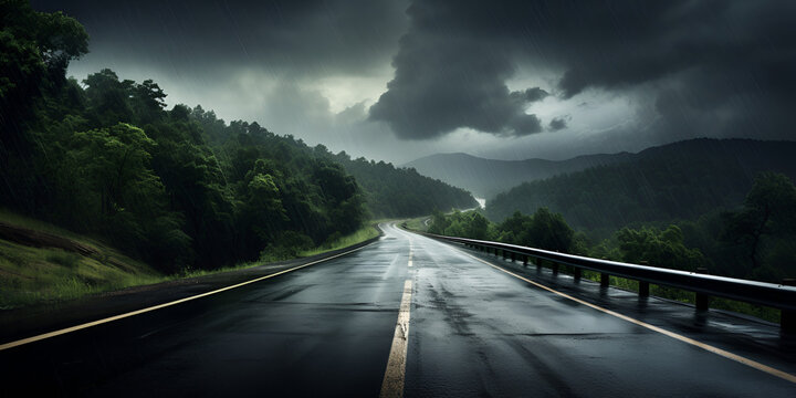 
Gloomy Road , road to the mountains, Green Road, Empty road in closeup with the background blurred, Generative AI