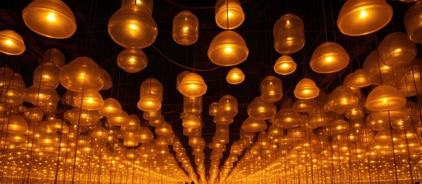Numerous yellow circular lamps are hanging from the ceiling, casting a warm glow and providing illumination. These lights serve as decorative ornaments enhancing the ambiance of the space.