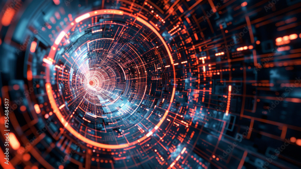 Aufkleber Abstract 3d render of a futuristic cyber technology tunnel with a dynamic perspective