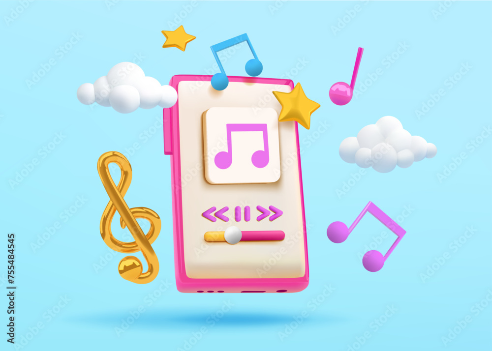 Leinwandbilder 3d phone. music playlist render in cellphone. online soundtrack streaming. play ui button. song stor
