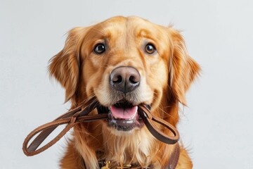 A dog is holding a leash in its mouth. The dog is smiling and he is happy