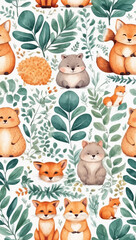 Obraz premium Beautiful seamless vector floral pattern with animals and tropical leaves flowers, spring summer background, palm leaves, jungle leaf, Wild animals, bird, Exotic wallpaper, Hawaiian, watercolour style