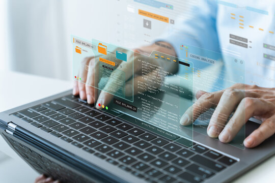 Software engineer or developer or analyst working with laptop. Big data and information program management. Data science tech, digital network transformation technology developer, coding programmer