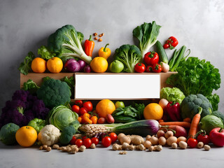 Wide flat lay photograph of vegetarian day banner design with different types of vegetables fruits and grains on a table wide empty side for mockup text editing in light grey background design.