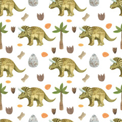 Dinosaur pattern, diplodocus, triceratops, dinosaur egg, footprints and stones, seamless watercolor drawing for children, for printing on fabric or paper