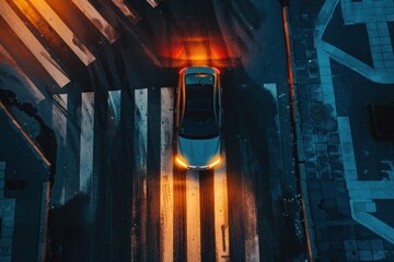 A car is driving down a street at night with a yellow light on. Top view