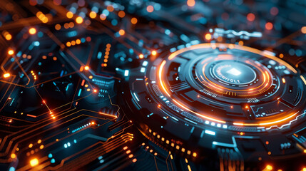 Futuristic tech circuit board with glowing lights