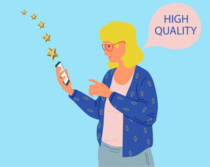 Golden award stars. High quality. Customer review and feedback signs. Users satisfaction. Clients approval. Woman with smartphone. Mobile application. Online service. Vector concept