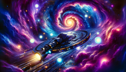 A spaceship warps through a vibrant cosmic nebula, its engines glowing as it bends the fabric of space and time.
