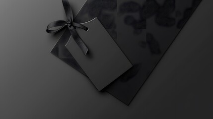 Black Paper labels with ribbon cord for Mockup brand or company. isolated on dark background. copy space.
