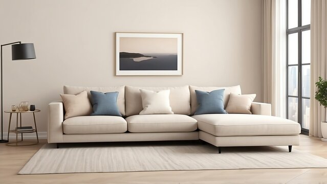 Light beige theme, Modern living room interior with sofa couch and rug from Generative AI