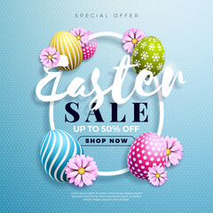 Easter Sale Illustration with Colorful Painted Egg and Spring Flower on Blue Background. Vector Religion Holiday Celebration Banner Design Template for Coupon, Banner, Voucher or Promotional Poster.