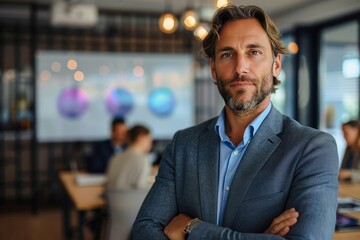 Fototapeta premium A sharply dressed man in a business suit poses in an office with digital visual aids in the background
