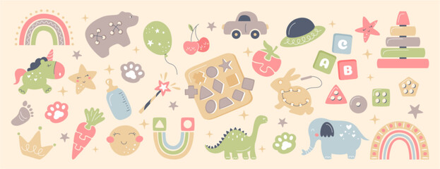 Boho baby nursery with wooden montessori toys, cute sun, rainbow, toddler puzzle, abc cubes, animals in Scandinavian style. Kids set for newborn. Bohemian child items for bedroom decor or baby shower.