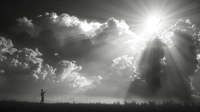 A striking black and white image capturing the silhouette of a person flying a kite against a dramatic backdrop of sun rays piercing through the clouds.