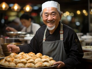 asian chinese elderly cook holding a tray in a restaurant with a dough dish. concept asia, cook, restaurants, cooking, food