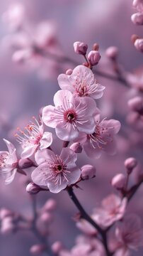 Cherry blossoms, lilac background, detailed stock photo 