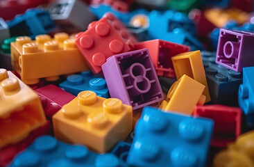 Colorful interlocking plastic bricks scattered, with a focus on a purple piece. Ideal for concepts of creativity, play, and construction.
